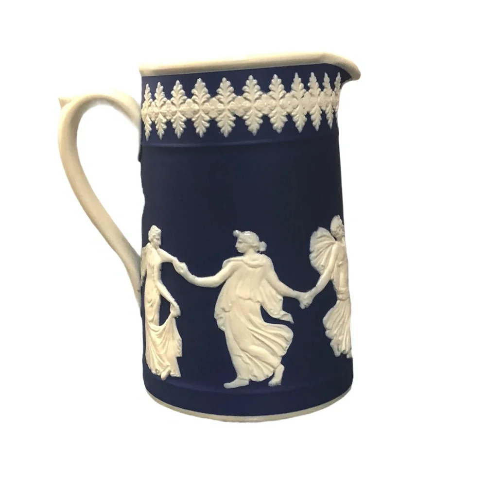DUDSON HANLEY JASPERWARE BLUE WITH WHITE RAISED RELIEF NEOCLASSICAL PITCHER